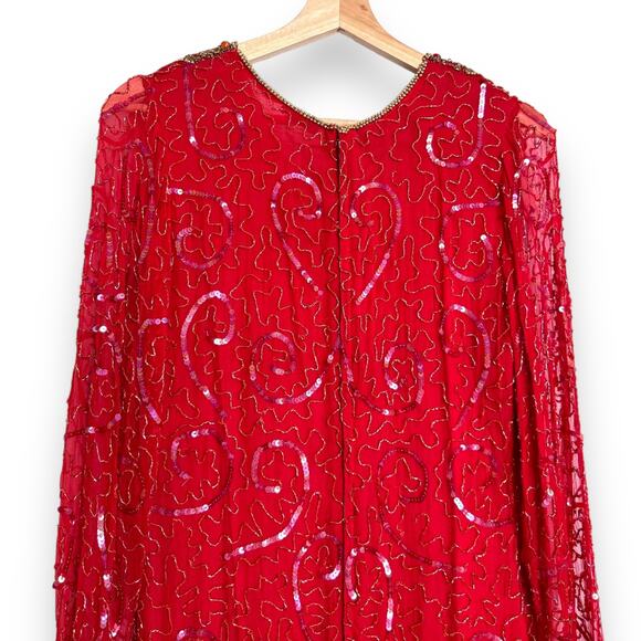 Vintage Gold Star Red 100% Silk Fully Beaded Midi Length Dress Women's Size S - Picture 7 of 15